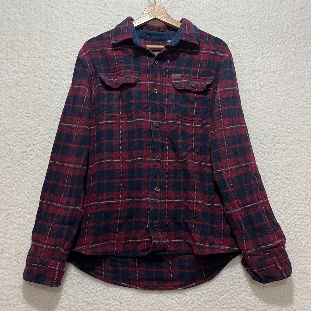 Orvis Mens Sz M Maroon Plaid Flannel Shacket Button Down Shirt‎ w/ Pockets